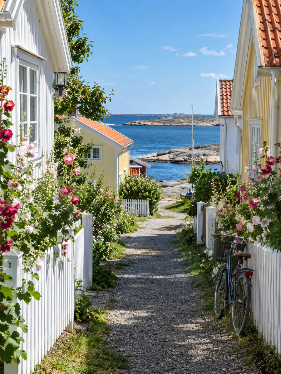 Un estrecho camino de grava entre casas de madera blancas y amarillas con vallas de celosía y malvas, el mar al fondo