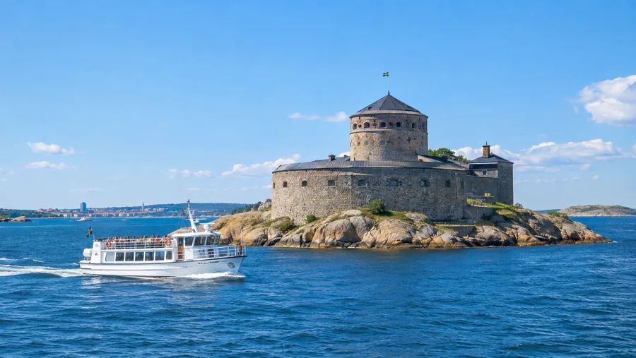 Una fortaleza marítima redonda de piedra con una torre en una pequeña isla rocosa, un barco blanco pasando por delante
