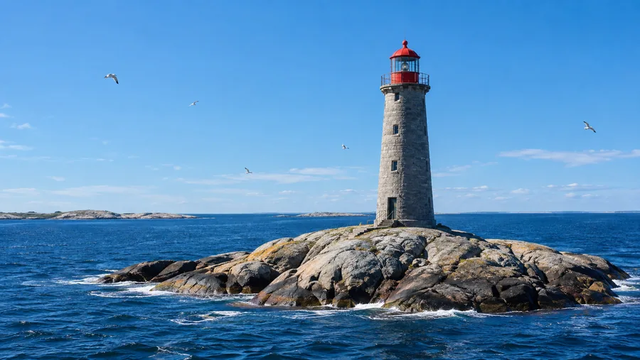 Un faro alto de piedra gris con una linterna roja en un pequeño islote rocoso en un mar azul intenso