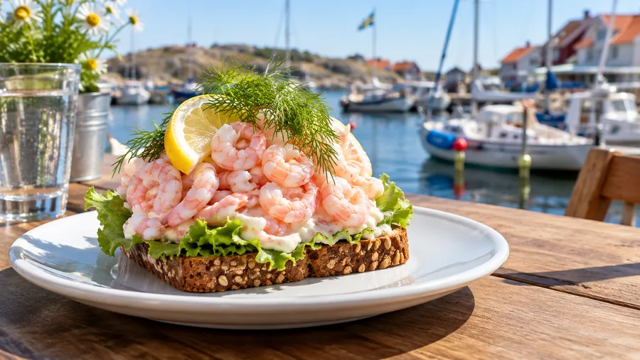 Un bocadillo abierto de gambas con limón y eneldo en un plato en una cafetería portuaria soleada